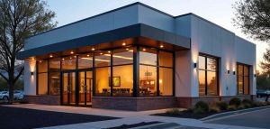 Modern bank building exterior at dusk with warm interior lights visible through large windows. Cars parked in lot, tree nearby
